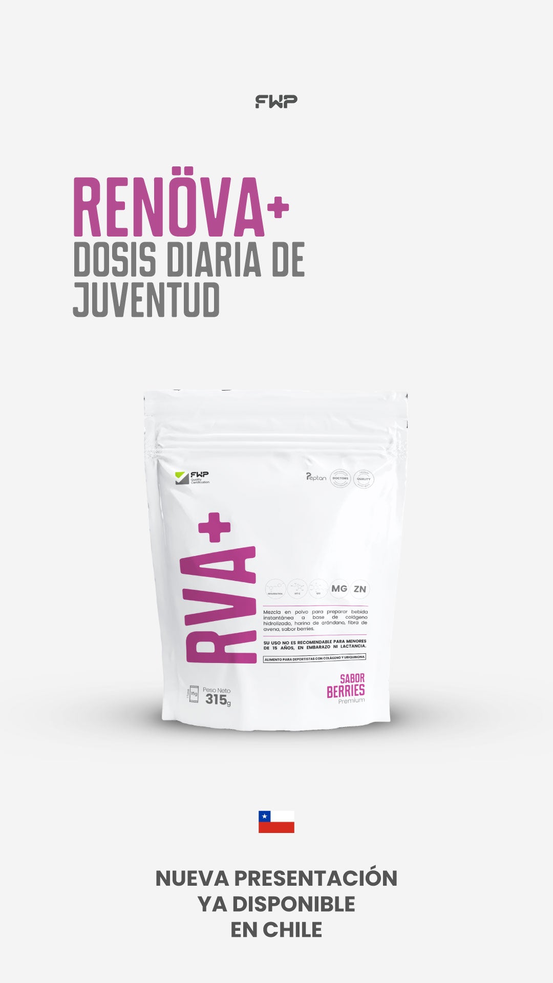 RENÖVA+ Colágeno Hidrolizado Peptan® con Coenzima Q10, Resveratrol, Vitaminas y Minerales | 21 Porciones 315g